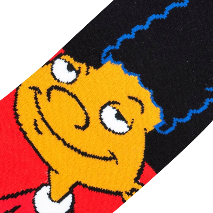 A black sock with a red cuff and yellow cartoon character head.