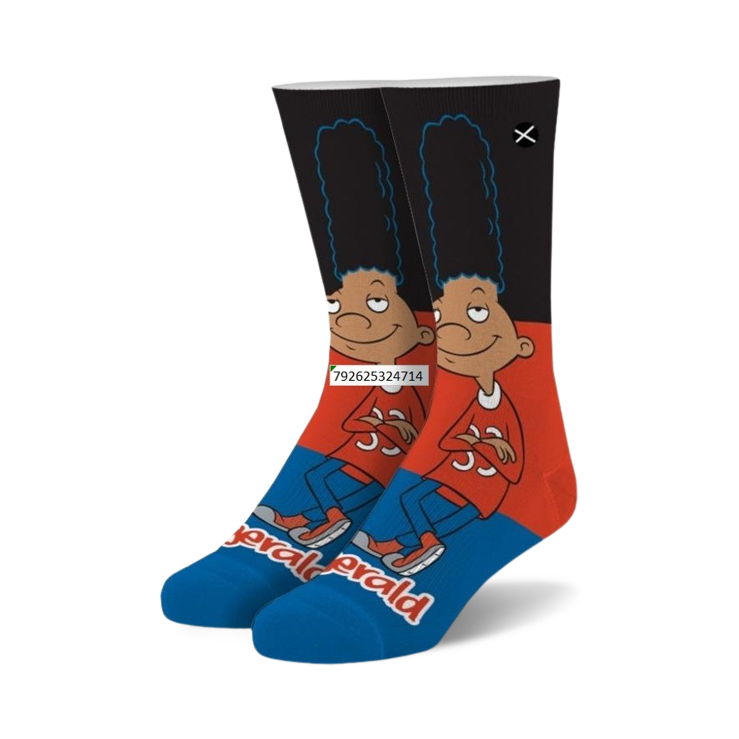 Pair of crew socks featuring Hey Arnold's Gerald; black, red, and blue with a detailed image of Gerald.