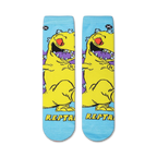 Flat lay showcasing a pair of Rugrats Reptar socks, highlighting the full design.