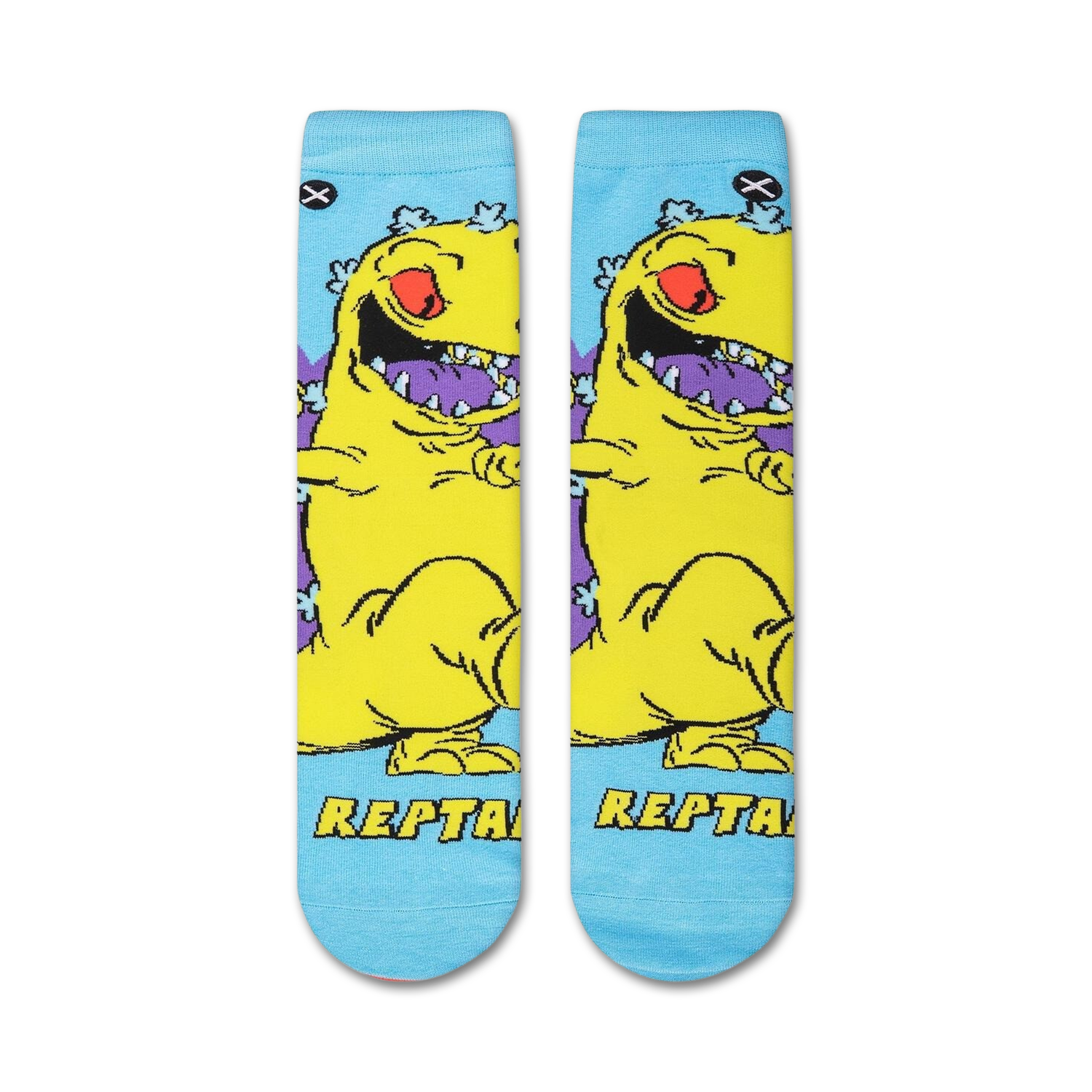 Flat lay showcasing a pair of Rugrats Reptar socks, highlighting the full design.