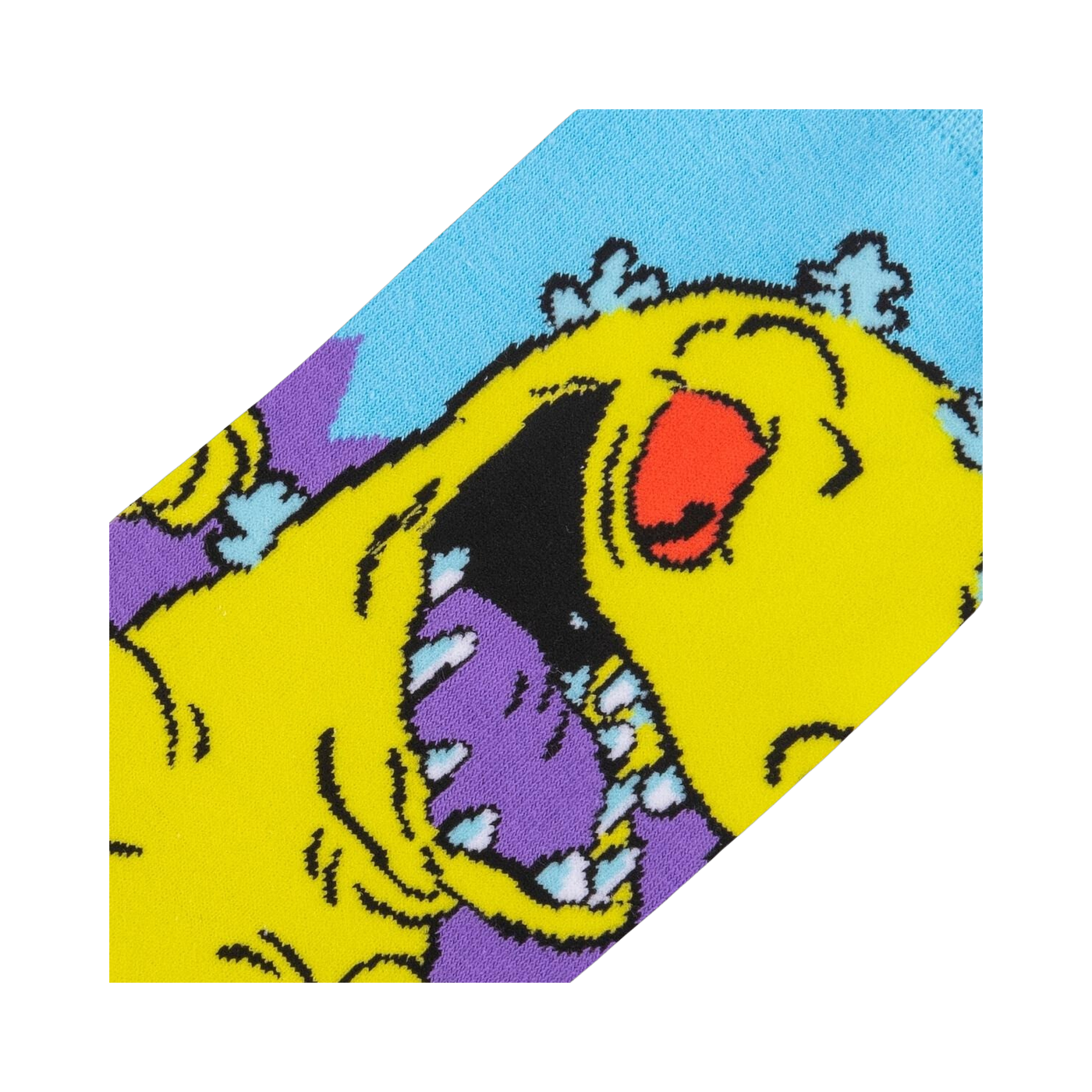 Close-up detail shot of the Reptar design on the Rugrats socks, showing the texture and colors.