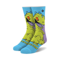 Crew socks featuring Reptar from Rugrats.  Yellow and purple Reptar design on a light blue background.