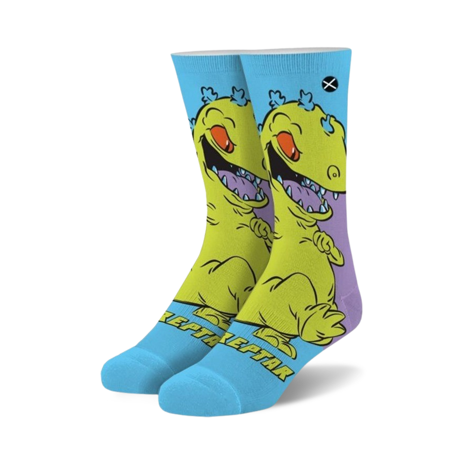 Crew socks featuring Reptar from Rugrats.  Yellow and purple Reptar design on a light blue background.