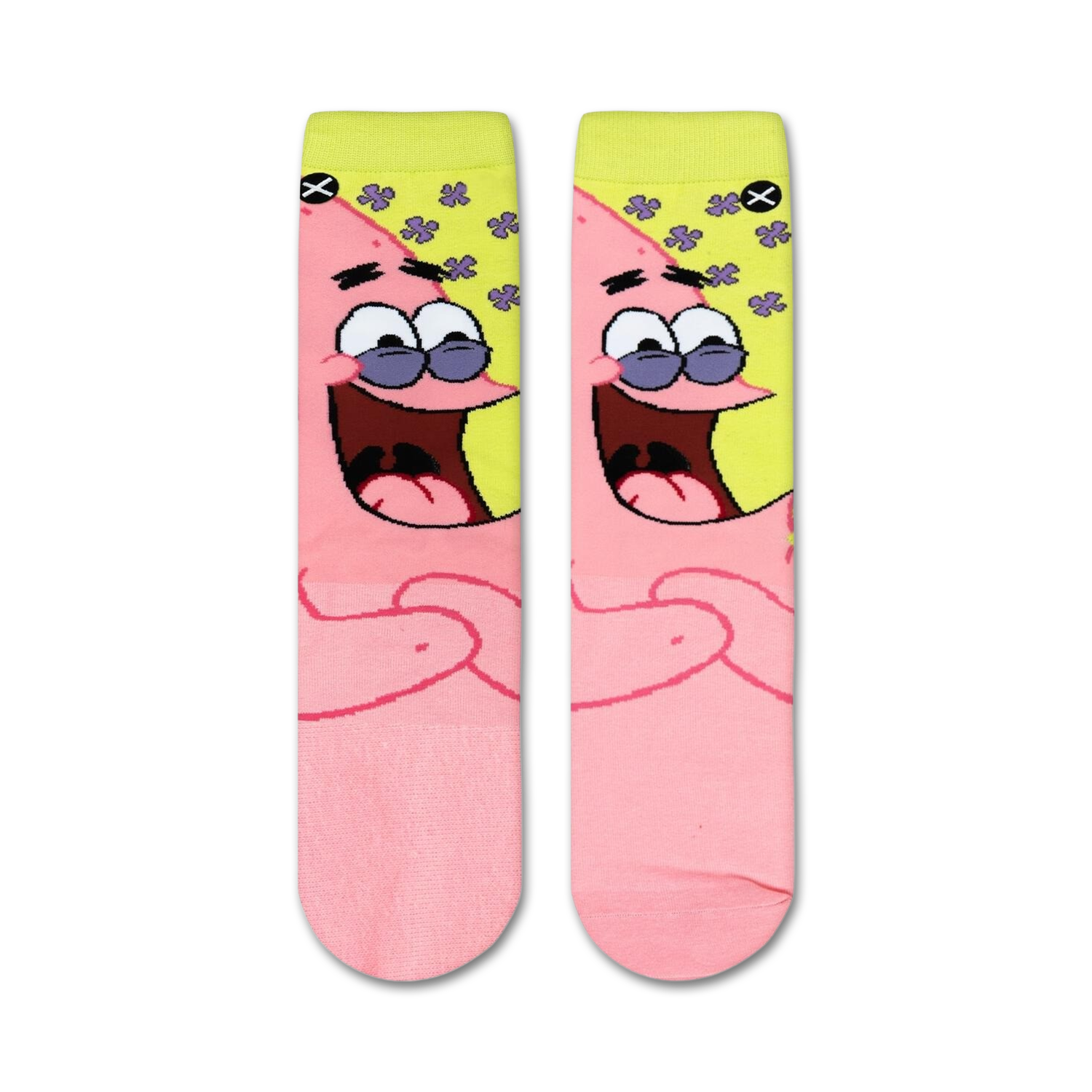 Flat lay showcasing a pair of Spongebob Squarepants Patrick socks on a white background.