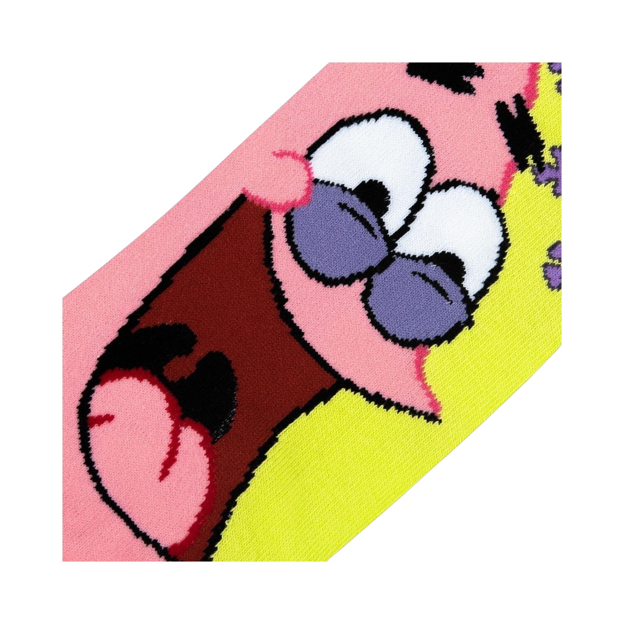 Close-up detail shot of Patrick's face on the socks, highlighting the vibrant colors and knit texture.