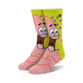 Pair of crew socks featuring Patrick Star from Spongebob. Pink and yellow design with Patrick's face and purple flowers.