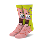 Pair of crew socks featuring Patrick Star from Spongebob. Pink and yellow design with Patrick's face and purple flowers.