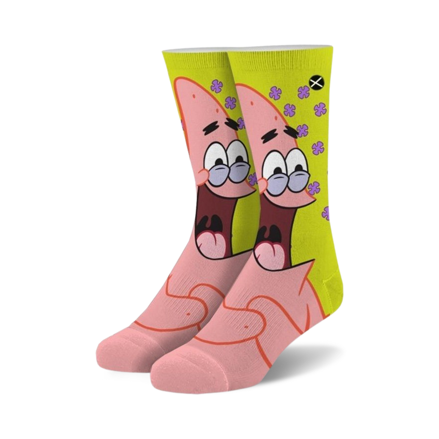 Pair of crew socks featuring Patrick Star from Spongebob. Pink and yellow design with Patrick's face and purple flowers.