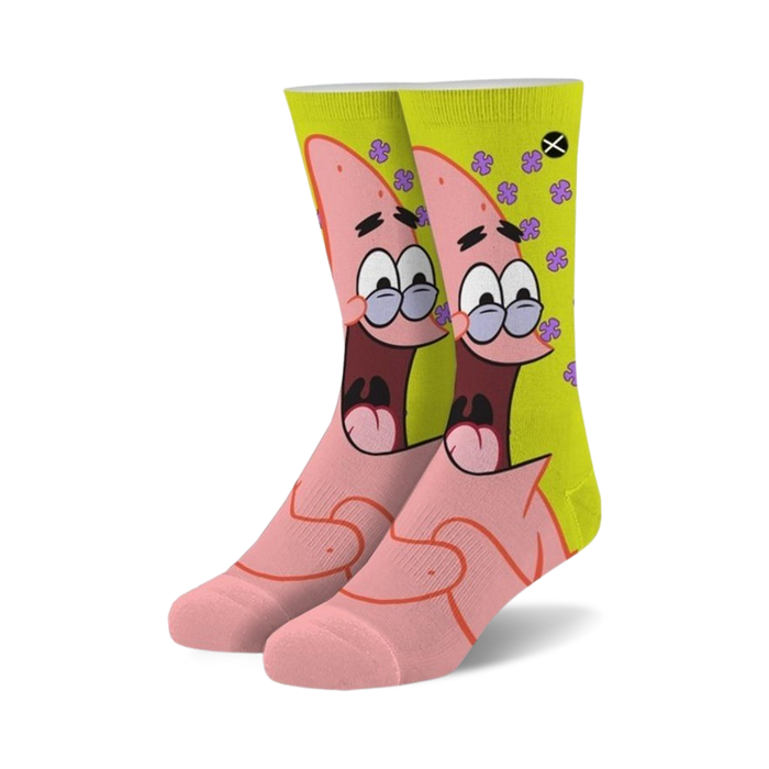 pink and green crew socks featuring patrick star from spongebob squarepants.  