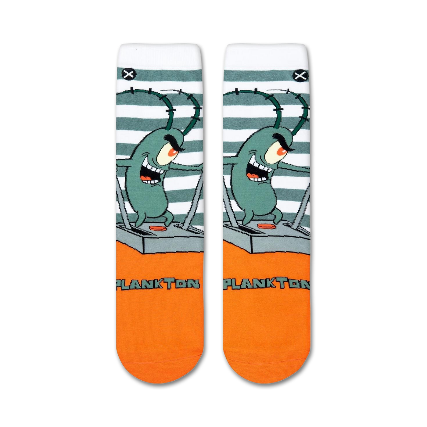 Flatlay product shot of a pair of Spongebob Plankton socks showcasing the design details.