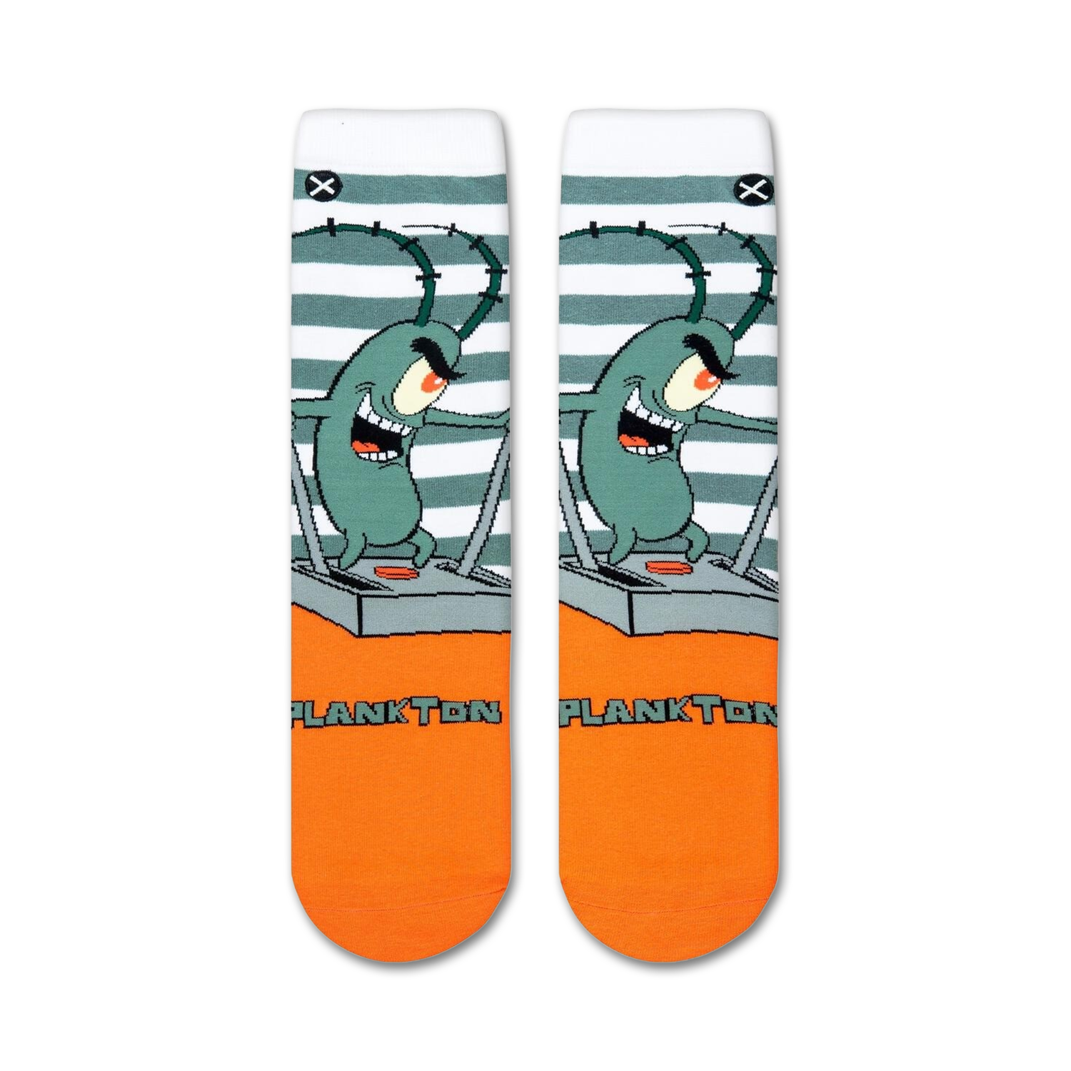 Flatlay product shot of a pair of Spongebob Plankton socks showcasing the design details.