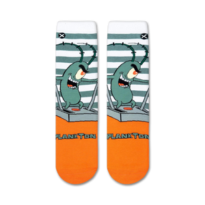 A close up of a pair of socks with a green cartoon character named Plankton from the show Spongebob Squarepants on them. Plankton is smiling with one eye closed and has his hands up. The socks are white with green stripes.