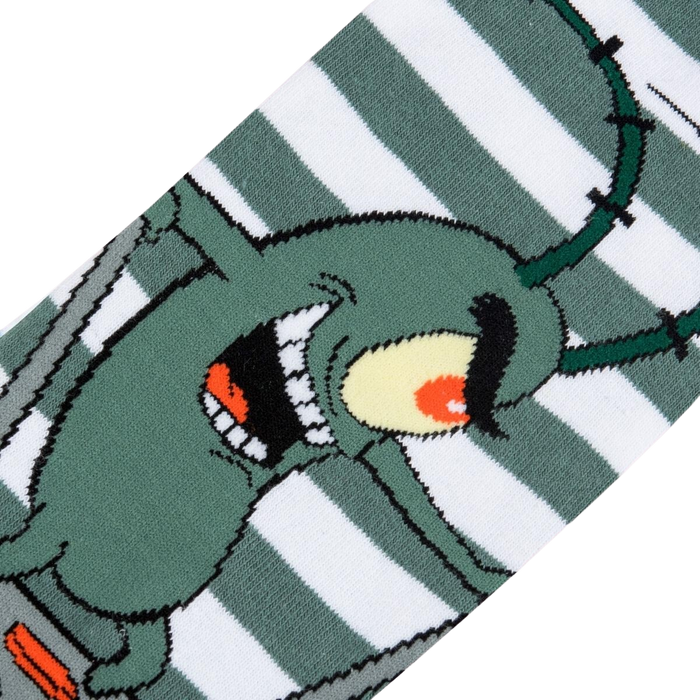 A close up of a pair of socks with a green cartoon character named Plankton from the show Spongebob Squarepants on them. Plankton is smiling with one eye closed and has his hands up. The socks are white with green stripes.