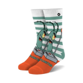 Crew socks in white, teal, and orange featuring Plankton from Spongebob Squarepants on a striped background.