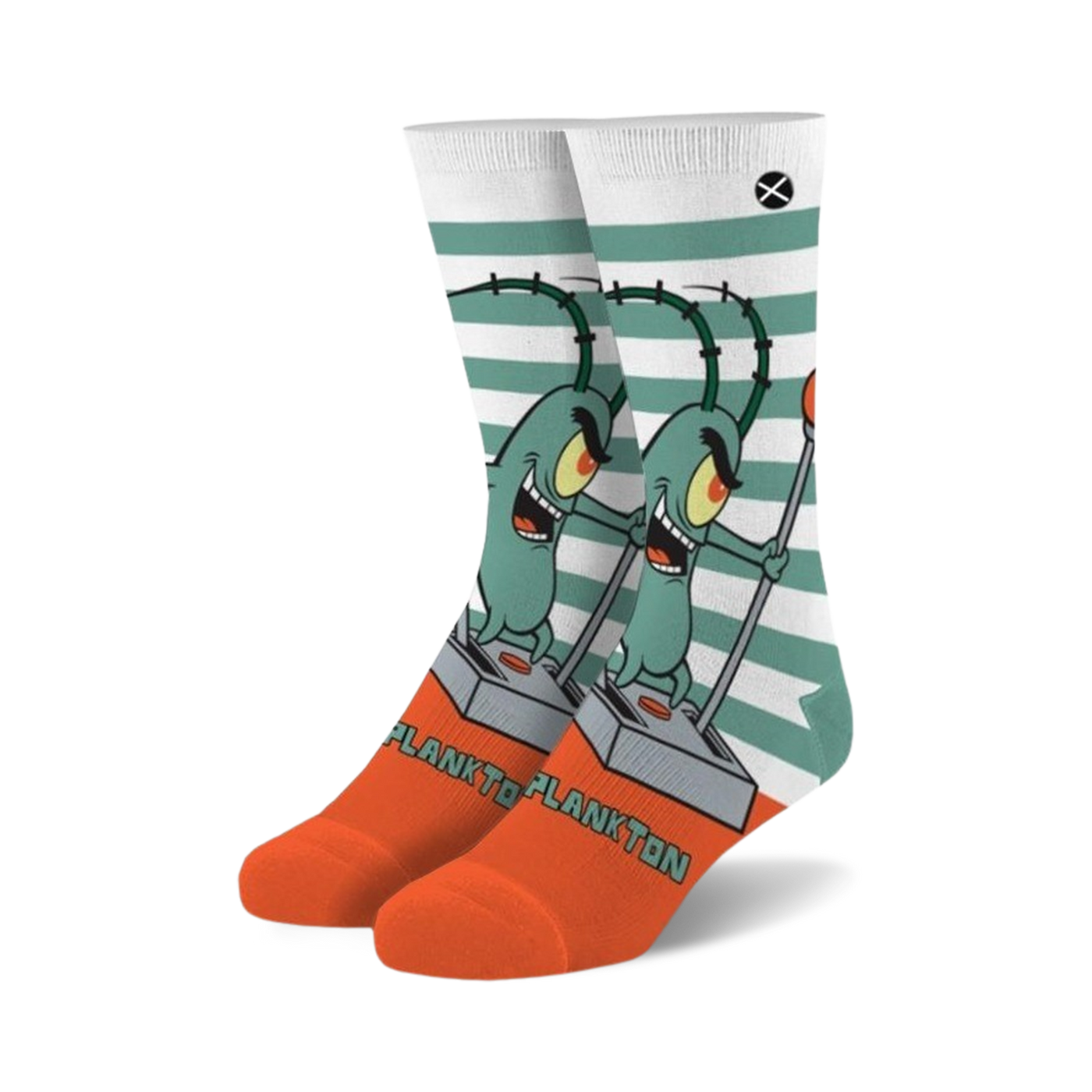 Crew socks in white, teal, and orange featuring Plankton from Spongebob Squarepants on a striped background.