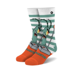 Crew socks in white, teal, and orange featuring Plankton from Spongebob Squarepants on a striped background.