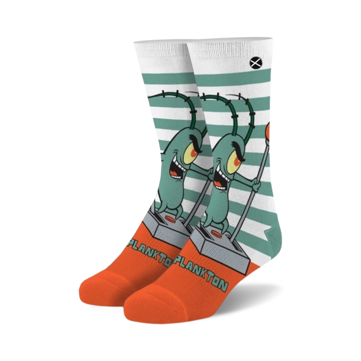 Crew socks in white, teal, and orange featuring Plankton from Spongebob Squarepants on a striped background.