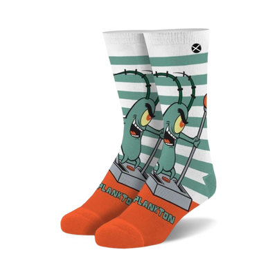 white crew socks with light green stripes and plankton from spongebob squarepants.   