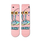 Flatlay showcasing a pair of pink Gary the Snail crew socks, showcasing the full design.