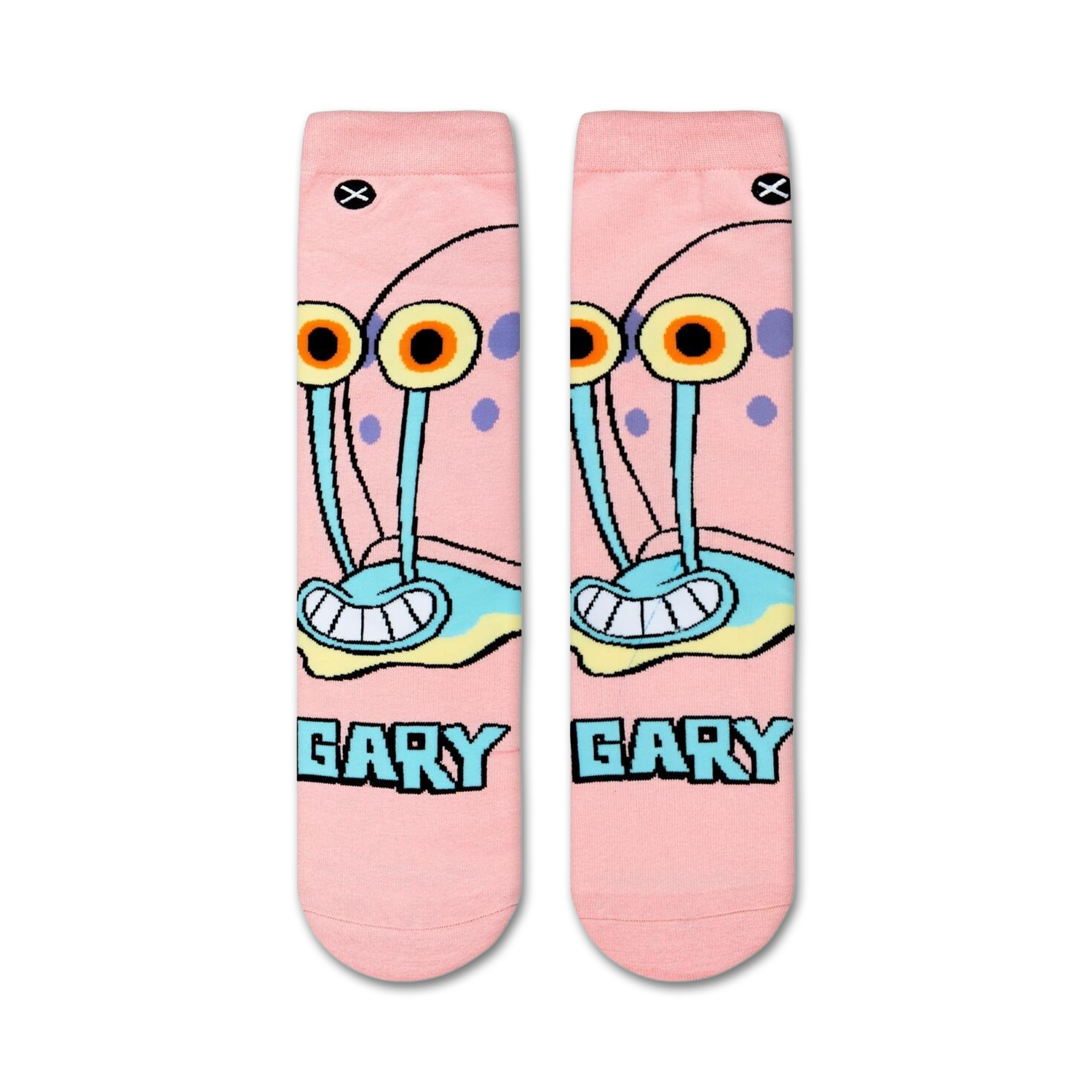 Flatlay showcasing a pair of pink Gary the Snail crew socks, showcasing the full design.