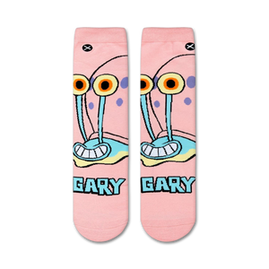 A close up image of a pair of socks with a light pink background and a cartoon character, Gary the Snail from Spongebob Squarepants.