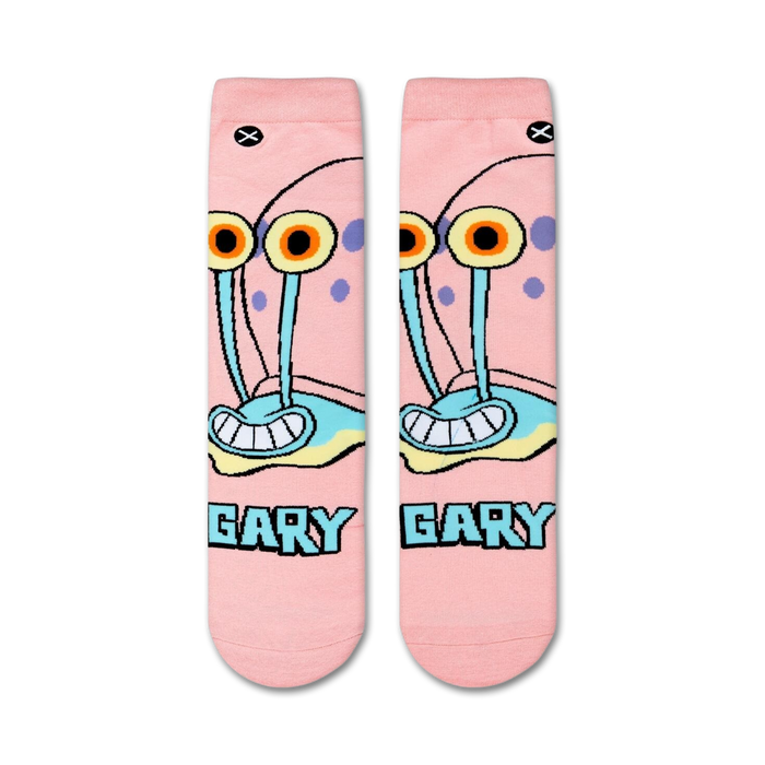A close up image of a pair of socks with a light pink background and a cartoon character, Gary the Snail from Spongebob Squarepants.
