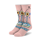 Pair of pink crew socks featuring Gary the Snail's face, blue shell, and signature eyes.  'Gary' is written at the bottom.