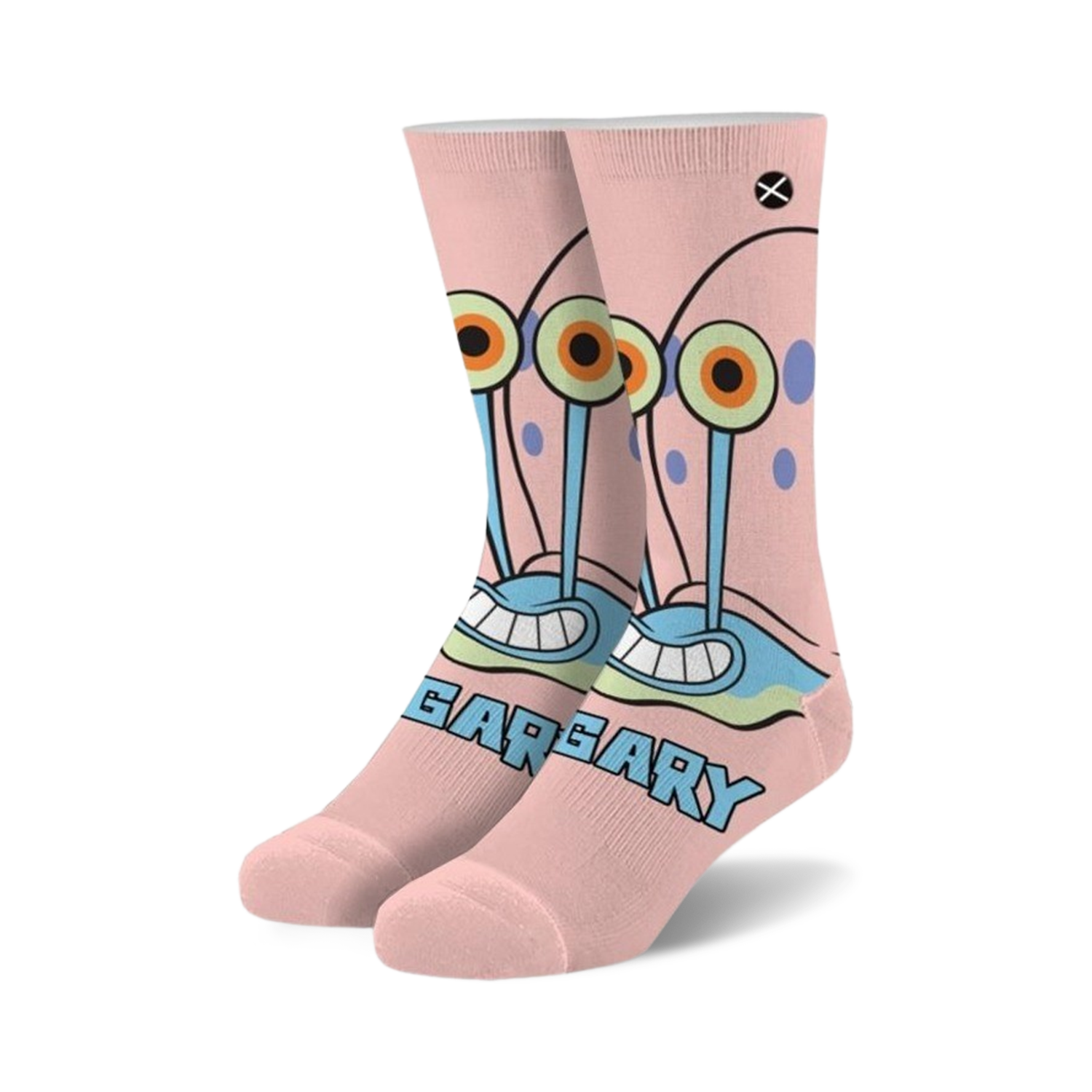 Pair of pink crew socks featuring Gary the Snail's face, blue shell, and signature eyes.  'Gary' is written at the bottom.
