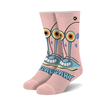 pink spongebob squarepants gary the snail pattern socks for men and women. crew length with blue eyes and tongue out. made with soft, stretchy material.  