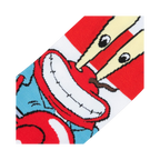 Pair of Mr. Krabs socks shown flat.  Red and white stripes with Mr. Krabs' image on each sock.