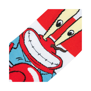 Pair of Mr. Krabs socks shown flat.  Red and white stripes with Mr. Krabs' image on each sock.