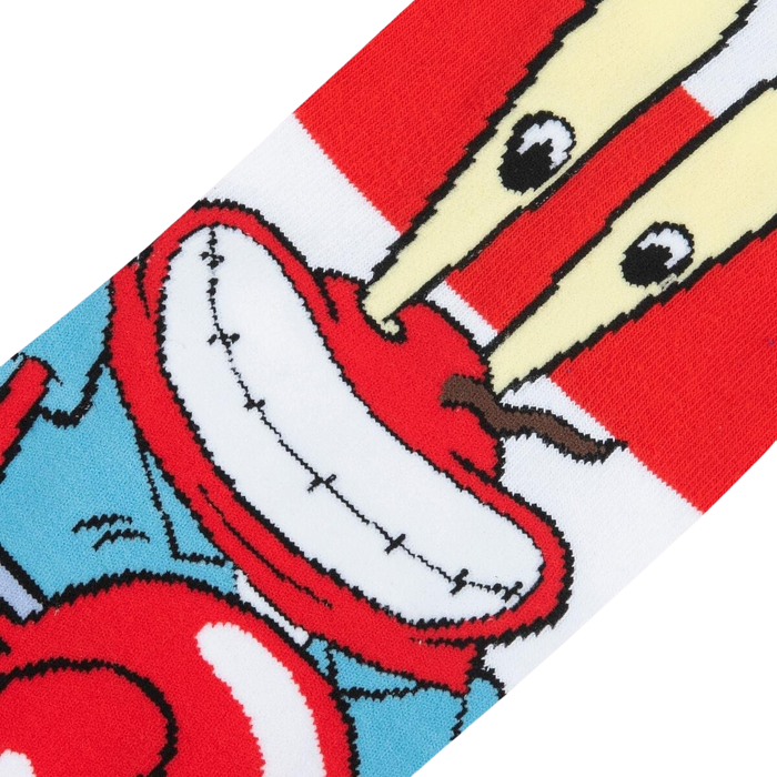 A close up of red and white socks with a cartoon character from Spongebob Squarepants, Mr. Krabs.