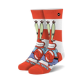 Crew socks in red, white, and blue, featuring Mr. Krabs from Spongebob Squarepants holding a Krabby Patty. 