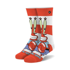 Crew socks in red, white, and blue, featuring Mr. Krabs from Spongebob Squarepants holding a Krabby Patty. 