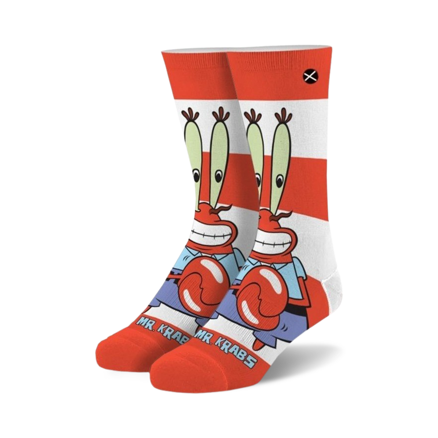 Crew socks in red, white, and blue, featuring Mr. Krabs from Spongebob Squarepants holding a Krabby Patty. 