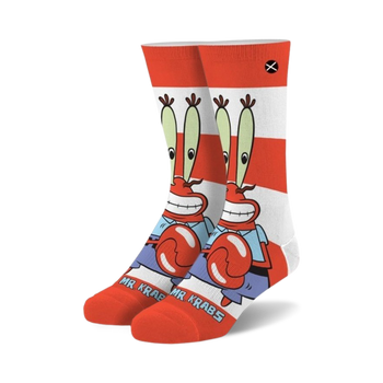  red and white striped spongebob squarepants mr. krabs socks. crew socks made for men and women.    
