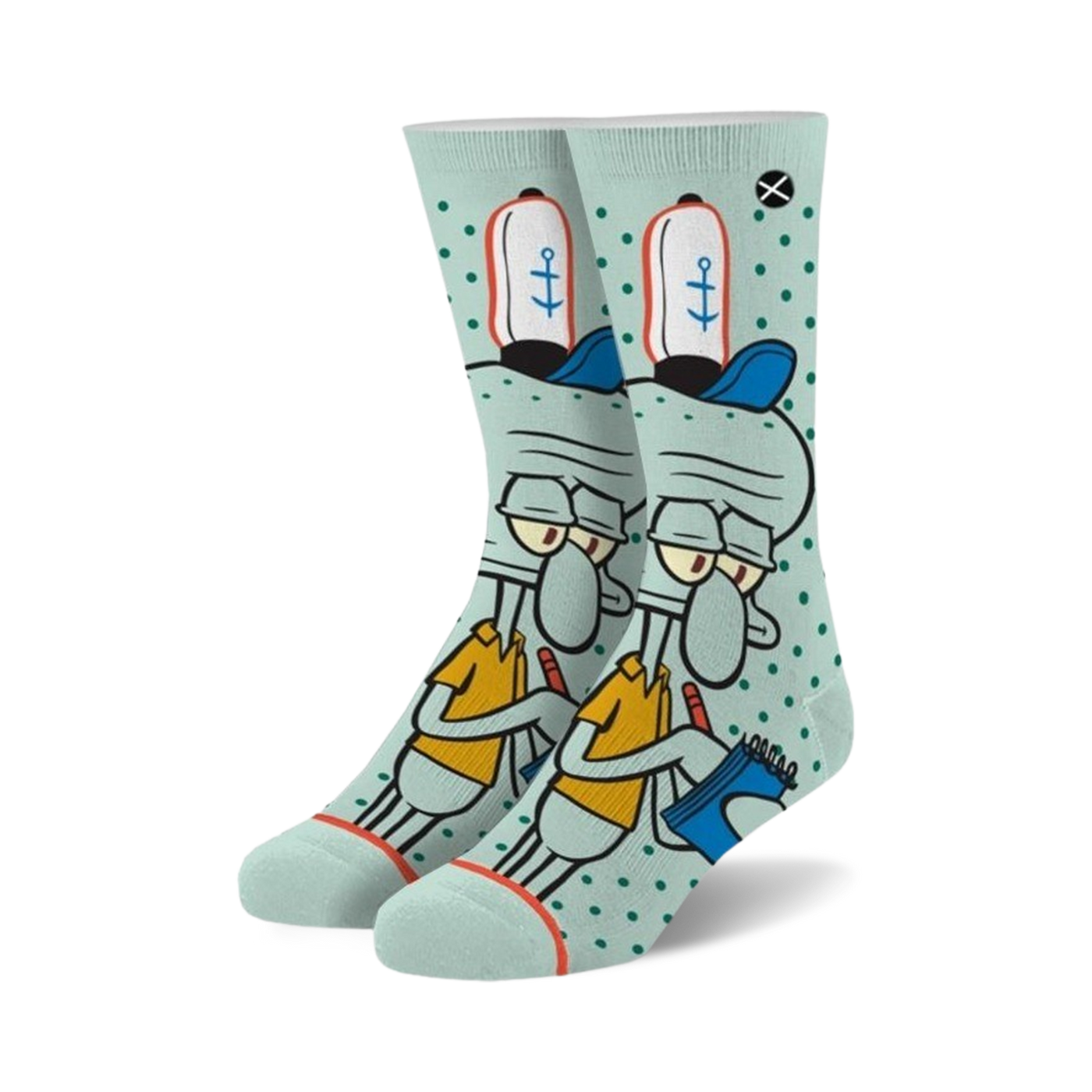 Crew socks in teal and white featuring Squidward Tentacles from Spongebob Squarepants. He's in his work uniform, holding a notebook, on a teal background with white polka dots.