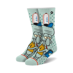 Crew socks in teal and white featuring Squidward Tentacles from Spongebob Squarepants. He's in his work uniform, holding a notebook, on a teal background with white polka dots.