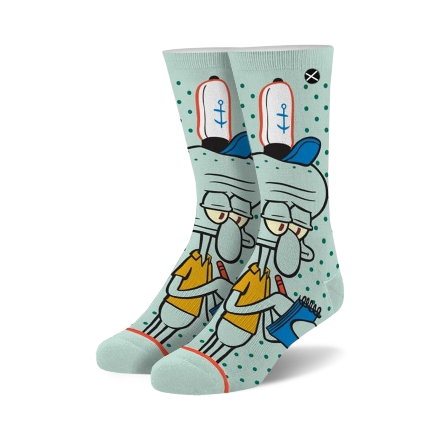 Crew socks in teal and white featuring Squidward Tentacles from Spongebob Squarepants. He's in his work uniform, holding a notebook, on a teal background with white polka dots.