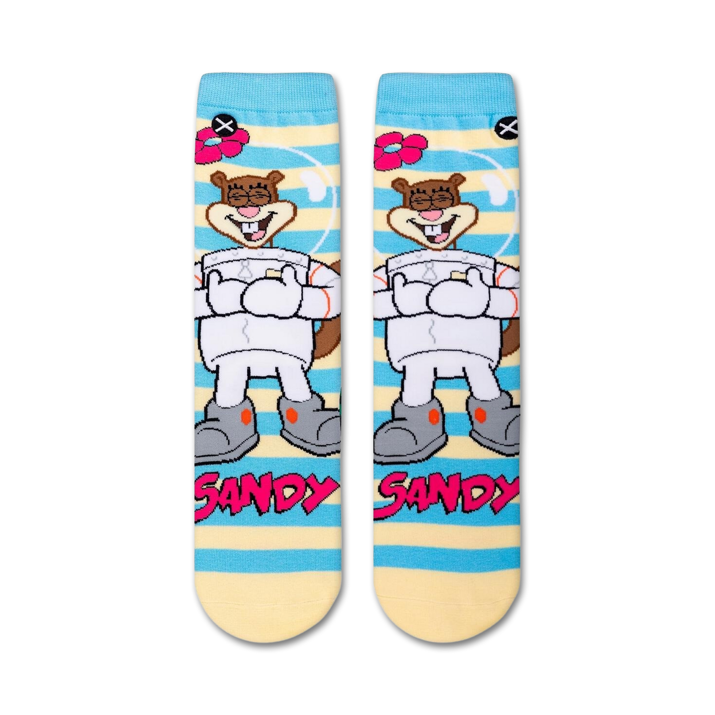 Flatlay product shot of a pair of Spongebob Squarepants Sandy Cheeks crew socks.
