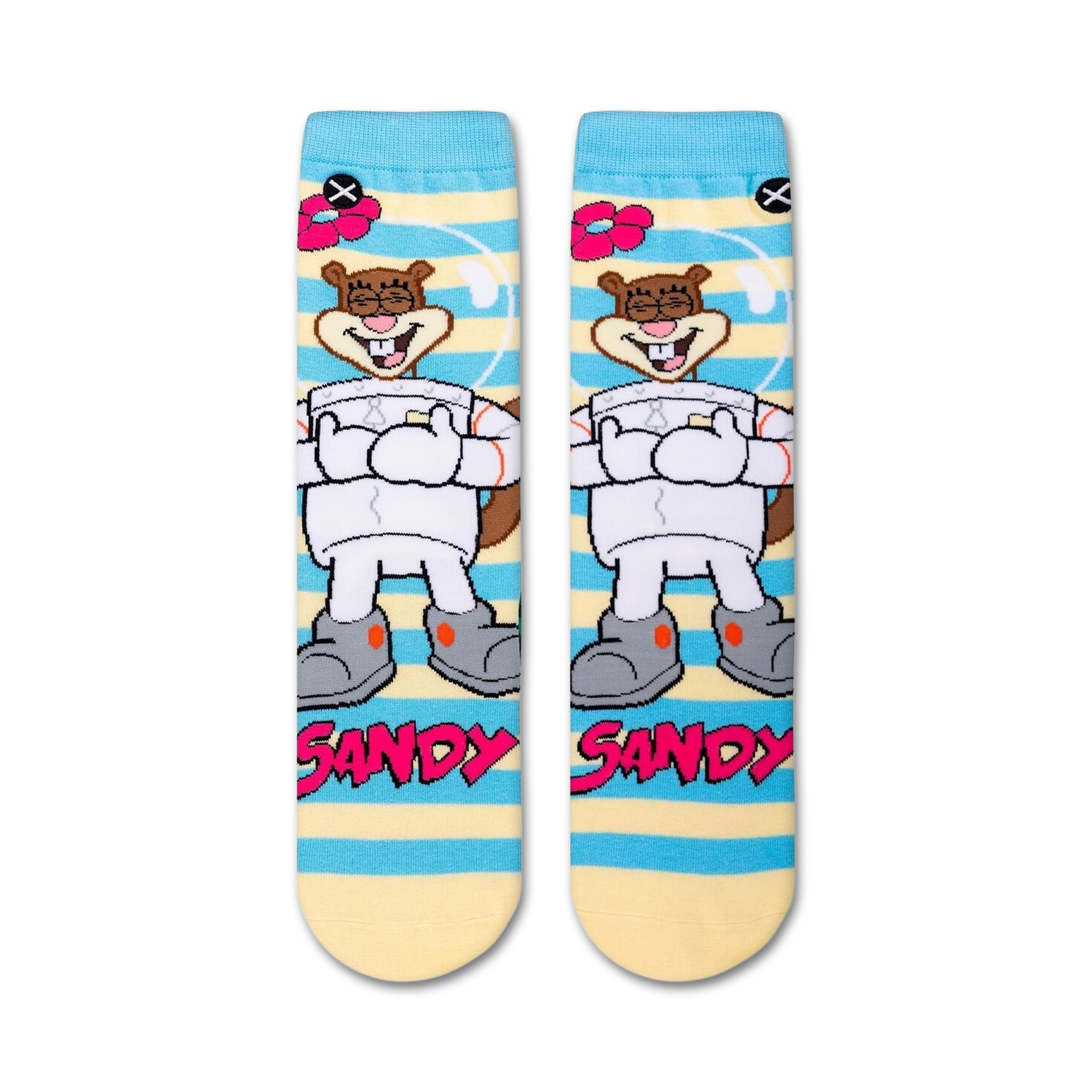 Flatlay product shot of a pair of Spongebob Squarepants Sandy Cheeks crew socks.