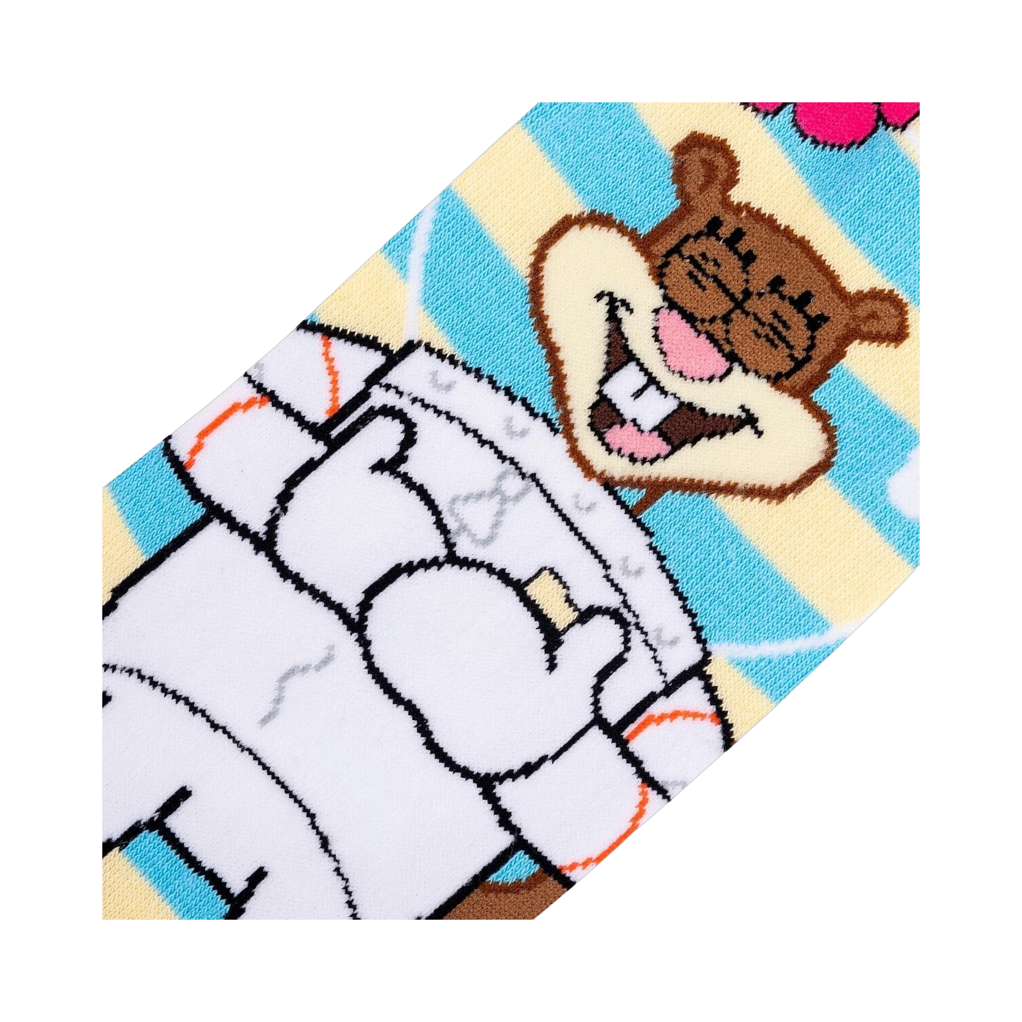 Close-up detail shot of Sandy Cheeks' face on the Spongebob Squarepants Sandy Cheeks crew socks.