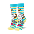 Crew socks in blue and yellow stripes featuring Sandy Cheeks in a spacesuit.  The design includes her smiling face and the words 'Sandy'.