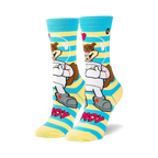 Crew socks in blue and yellow stripes featuring Sandy Cheeks in a spacesuit.  The design includes her smiling face and the words 'Sandy'.