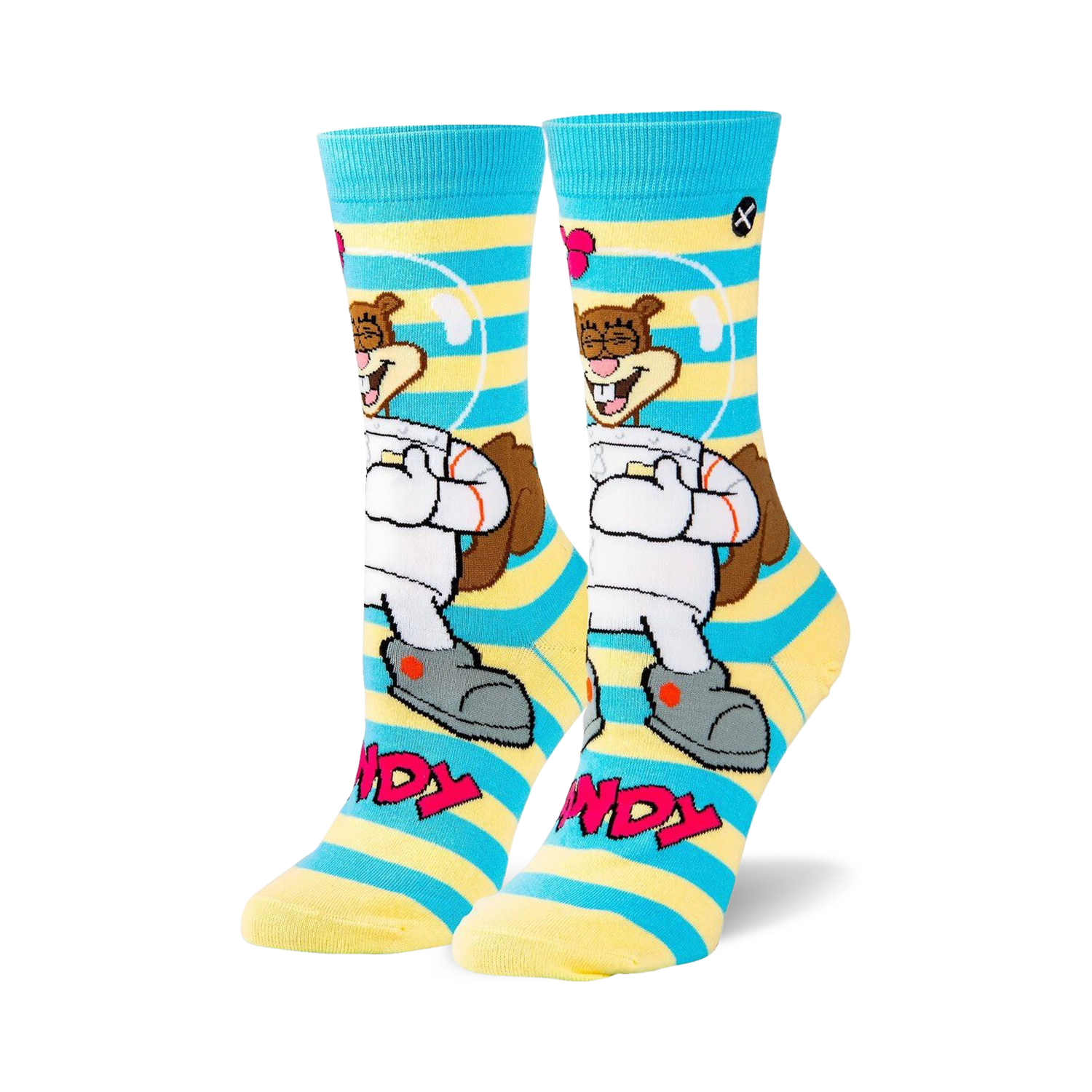 Crew socks in blue and yellow stripes featuring Sandy Cheeks in a spacesuit.  The design includes her smiling face and the words 'Sandy'.