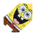 Close-up detail shot of Spongebob's smiling face on the socks, highlighting the vibrant colors and intricate design.