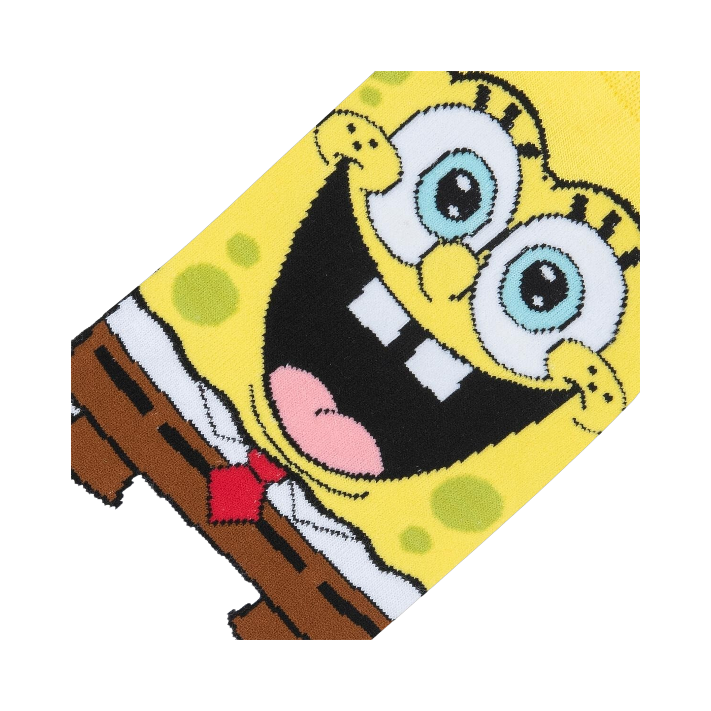 Close-up detail shot of Spongebob's smiling face on the socks, highlighting the vibrant colors and intricate design.
