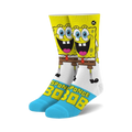 Crew socks featuring Spongebob Squarepants.  Yellow, white, and light blue with a full-color image of Spongebob's smiling face.