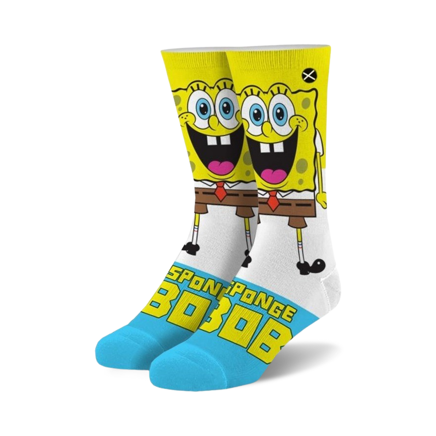 Crew socks featuring Spongebob Squarepants.  Yellow, white, and light blue with a full-color image of Spongebob's smiling face.