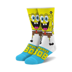 Crew socks featuring Spongebob Squarepants.  Yellow, white, and light blue with a full-color image of Spongebob's smiling face.